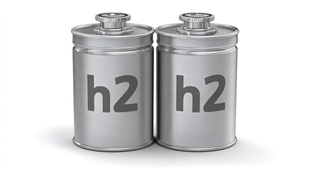 Two silver hydrogen canisters labeled with 'H2', representing energy storage and clean fuel technology.