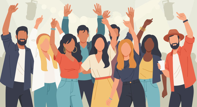 A lively flat design illustration showing a diverse group of people from various backgrounds, happily enjoying a music festival with hands raised.