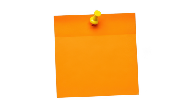 Orange sticky note with push pin isolated on transparent background