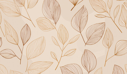 Seamless pattern of beige and brown line art leaves