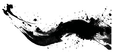 Dynamic black ink splash and splatter abstract art on white background