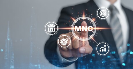 Navigating Multinational Corporation: A business person, pointing at a digital interface illustrating MNC with the potential impact of global business operations