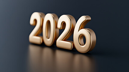 Golden 2026 on glossy surface, symbolising the upcoming year. Its shiny finish and dark background create a modern, anticipatory image, ideal for new year concepts.