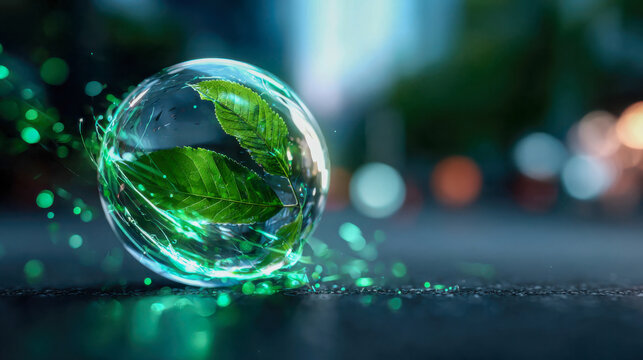 Transparent digital globe with illuminated continents and green leaves symbolizing sustainability
