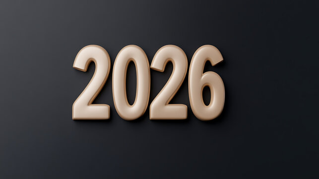 Elegant, shimmering 3D rendering of the year 2026 in a golden hue against a dark background. A modern minimalist piece, perfect for future-focused designs.