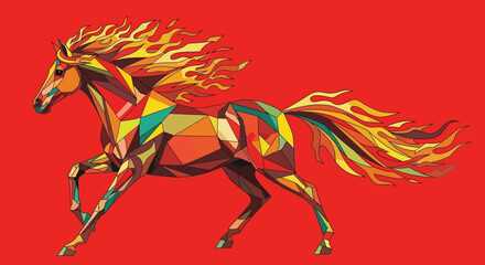 Abstract Polygonal Fiery Mane Horse Running with Red Background Graphic Art