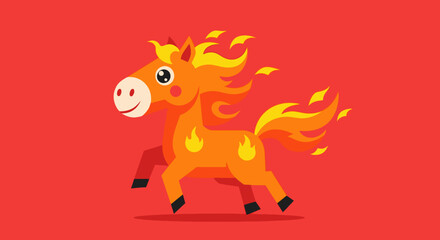 Cute Cartoon Fire Horse Character Running Illustration on Red Background