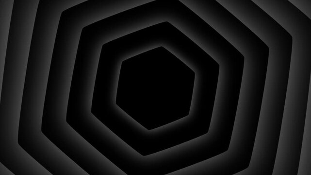 Nested black hexagons form abstract tunnel effect. Suitable for technology backgrounds, futuristic designs, geometric patterns, and digital art projects.