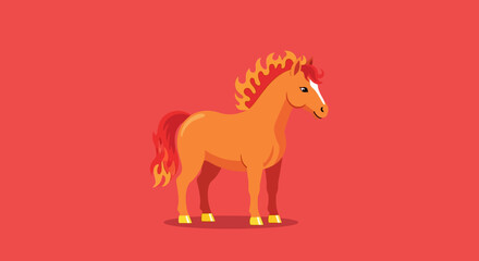 Cartoon Flat Illustration Fiery Mane Horse Full Body Side View