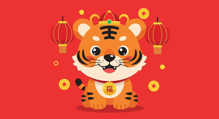 Cute Cartoon Style Little Tiger Celebrating Chinese New Year Illustration