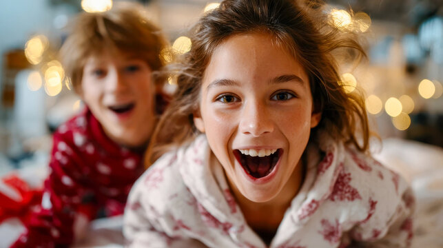 Joyful family moment with parents and children laughing and jumping on the bed, symbolizing happiness, energy, and togetherness