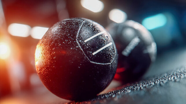 Close-up of shiny black medicine balls with moisture and warm lighting, symbolizing strength, endurance, and gym training intensity