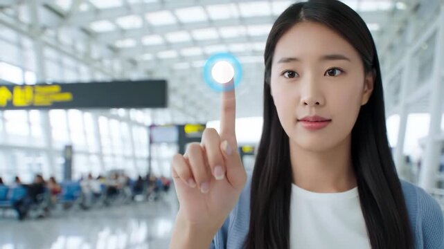Young woman in airport terminal waits patiently for her flight.