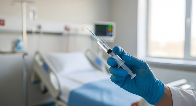 Close up vaccination preparation process in a healthcare facility with medical professionals wearing blue latex gloves in a modern patient room
