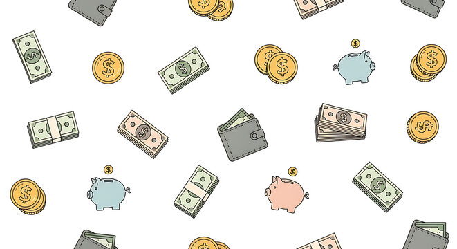 Seamless pattern featuring money, coins, wallets, and piggy banks isolated on white background