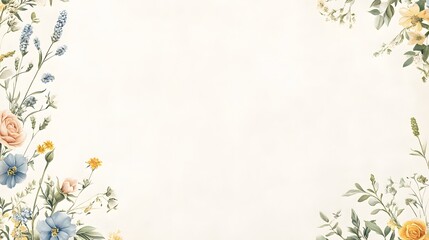 Obraz premium Watercolor style wild floral arrangement borders a light cream colored background space