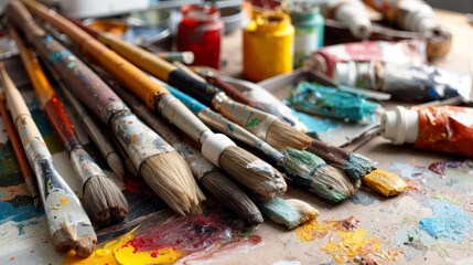 Fototapeta premium Art workshop filled with colorful paints and brushes ready for creative projects