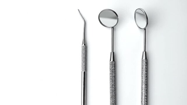 Dental tools arranged on white surface. Reflective mirrors and pick, angled with a textured grip