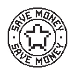 Pixel art style circular badge with star and save money text