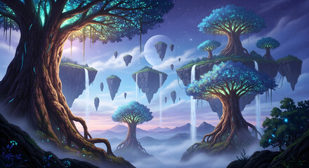 Fantasy Landscape with Giant Trees and Floating Islands | Ethereal Forest Illustration for Backgrounds, Wallpapers, and Creative Projects