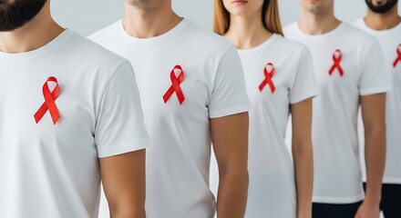 Diverse group of people wearing white t shirts with red ribbon symbol for aids awareness