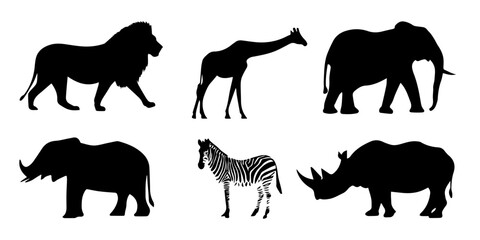 Collection of iconic african wildlife silhouettes including lion elephant giraffe zebra and rhinoceros