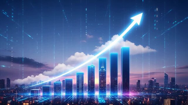 Futuristic cityscape with rising bar graph and arrow pointing upwards - Powered by Adobe