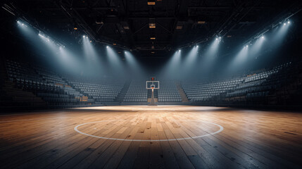Dramatic spotlights illuminate an empty basketball court in a polished arena