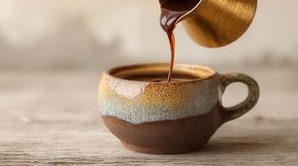 Pouring rich dark coffee from a rustic brass pot into an artisanal ceramic cup on a wooden surface with warm natural lighting and blurred background ambiance