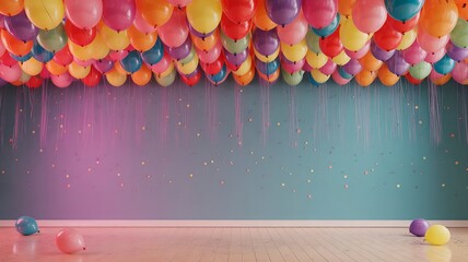 A festive, vibrant party scene with hundreds of
colorful balloons hanging from the ceiling, filling the upper half of the image