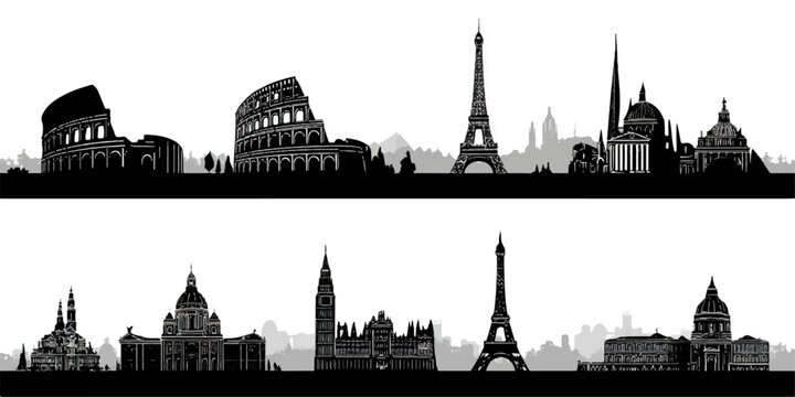Iconic european city skylines silhouettes featuring famous landmarks in black and white