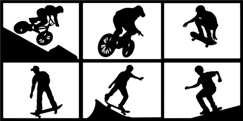 Dynamic silhouettes of extreme sports athletes performing tricks on bikes and skateboards