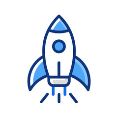 Stylized blue and white rocket ship ascending with motion lines