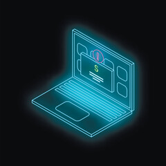 Neon blue laptop displaying payment error notification with exclamation mark, indicating online transaction problem