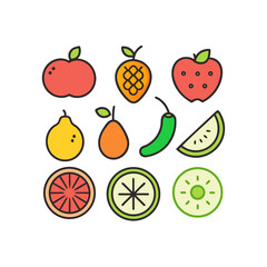 Collection of colorful flat design icons featuring various fruits and a chili pepper
