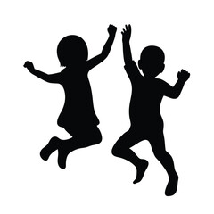 Silhouette of children jumping with joy and celebratory gestures, in black