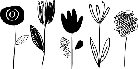 Fototapeta premium Minimalist abstract black and white doodles of garden flowers for creative design