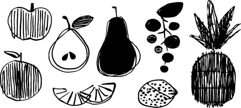 Minimalist abstract black and white fruit doodles for creative design and art projects