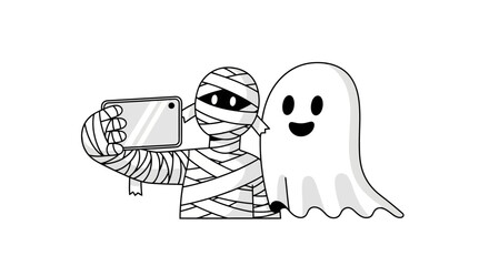Whimsical Halloween vector illustration featuring a mummy taking a selfie with a friendly ghost, ideal for holiday-themed social media posts, greeting cards, or party invitations.