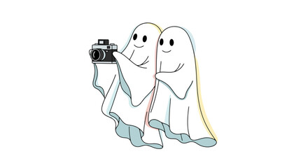 Two Friendly Ghosts Taking a Spooky Selfie with a Vintage Camera, Perfect for Halloween-themed Designs and Social Media Content