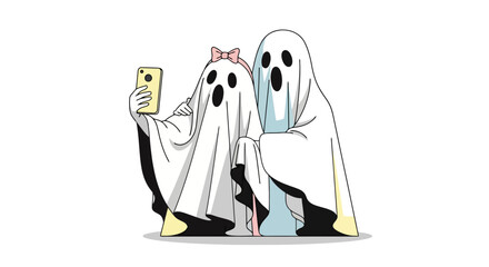Humorous Halloween Illustration Featuring Two Ghosts Taking a Selfie, Perfect for Seasonal Greetings and Social Media Campaigns, Also Halloween marketing materials.