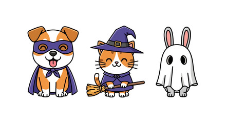 Cute Halloween Animal Cartoon Characters Set for Festive Designs, Holiday Invitations, and Children's Illustration Projects to celebrate seasonal events