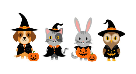 Adorable Halloween Animals in Costume with Pumpkins, Perfect for Seasonal Greetings and Festive Decorations, and Children's Illustrations.