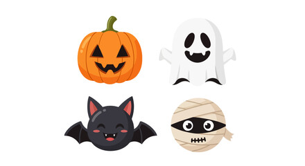 Cute Halloween Icons Featuring Pumpkin, Ghost, Bat and Mummy for Seasonal Designs, Greeting Cards, Invitations, and Party Decorations, and Educational Resources