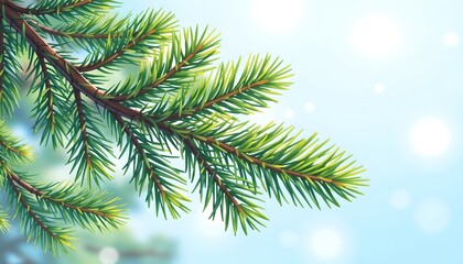 Fototapeta premium A vibrant, hand painted illustration of a lush pine branch set against a bright, airy background, featuring a dynamic perspective with a focus on the rich green needles and textured bark