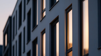 Modern building facade with reflective windows catching the warm light of the setting sun, showcasing urban architecture and contemporary design. Minimalist aesthetics.