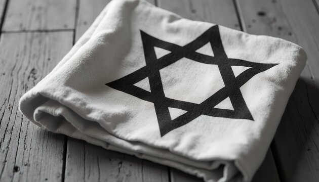White fabric with black star of david symbol on wooden surface religious judaism