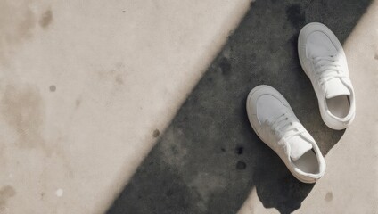 White sneakers on concrete, minimalist footwear fashion still life.