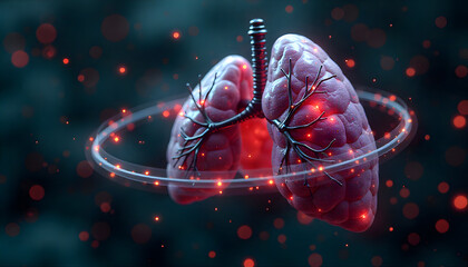 image features creative representation of lungs resembling brain, surrounded by glowing particles,