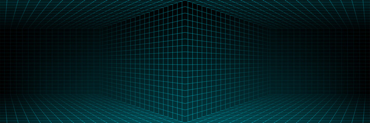 Futuristic grid lines forming a dimensional cube shape on a dark background. Digital technology and virtual reality concept.